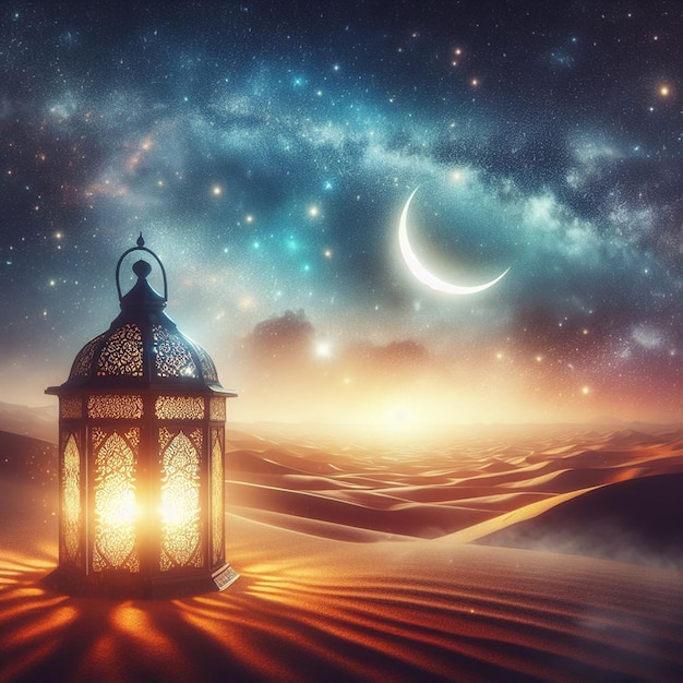 Laternen über der Wüste mit einem Halbmond und einer Galaxie im Hintergrund Ramadan Kareem und Eid al-Fitr KI generiert