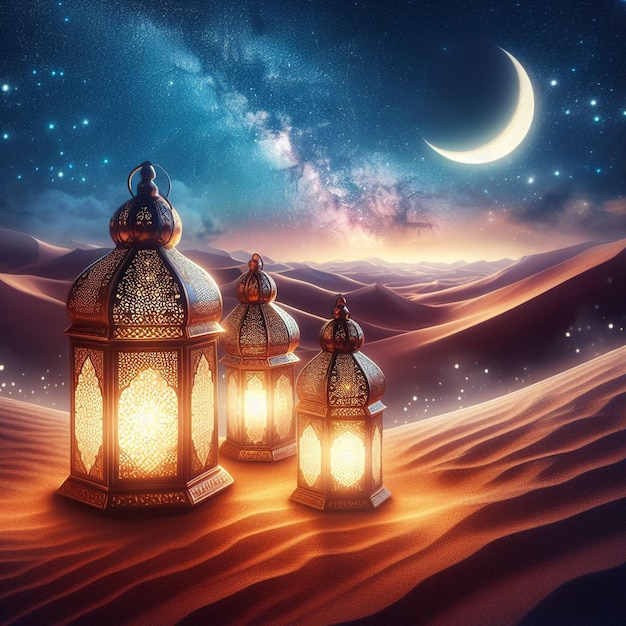 Laternen über der Wüste mit einem Halbmond und einer Galaxie im Hintergrund Ramadan Kareem und Eid al