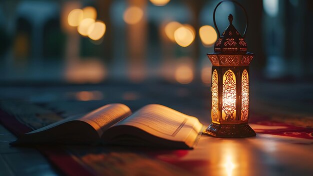 Laternenlampe mit offenem Koran Islamisches Gebetskonzept