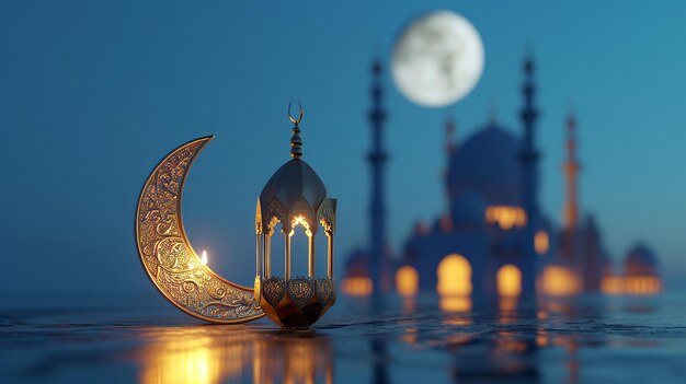 Foto laterno dorado místico en área azul con luna y silueta de mezquita renderizado en 3d de ramadán