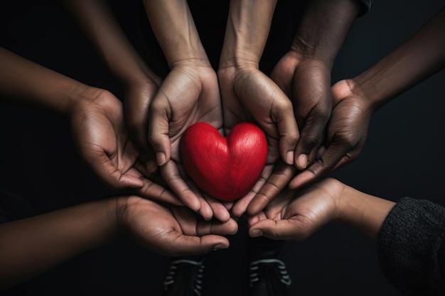 Un latido compartido. Diversas manos sostienen un corazón escarlata que significa unidad y compasión en el Día Mundial del SIDA.