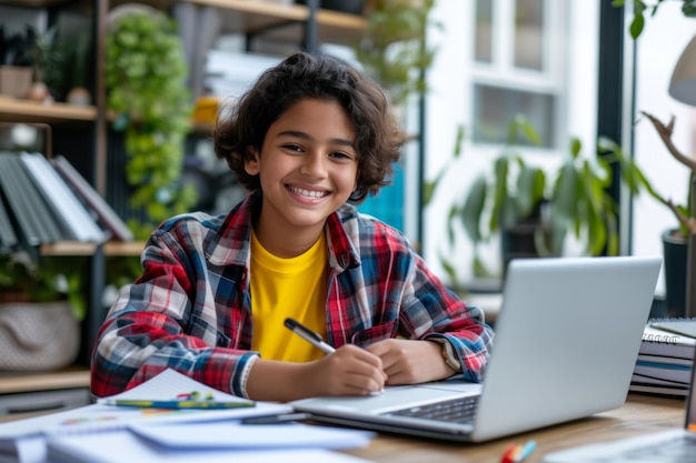 Foto latin boy sorridente estudando com computador portátil adolescente sentado em sua mesa e escrevendo em caderno estudante fazendo seu trabalho de casa ou aprendendo on-line