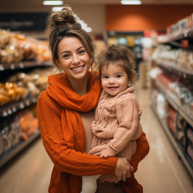 Latina-Mutter in orangefarbenem Pullover und Schal hält ihr Kleinkind im Vordergrund eines Bastelladens