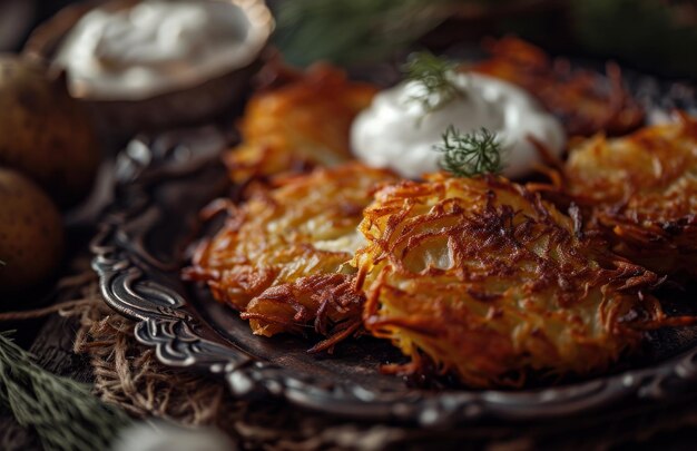 Foto latkes caseiros com uma colher de creme azedo e um molho