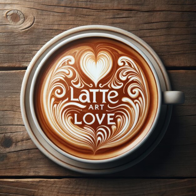 Foto latte art love swirly elegance em mesa de madeira