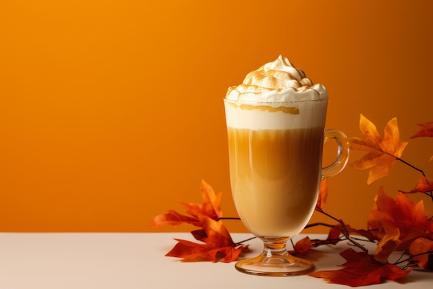 Latte de calabaza con canela con follaje de otoño aislado en un fondo de gradiente