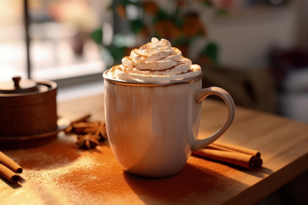 Latte de calabaza y especias con canela y nuez moscada en la mesa