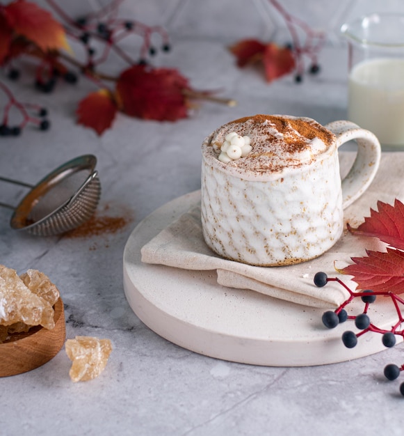 Latte de calabaza con especias Cóctel borracho con crema batida Fondo claro Vertical