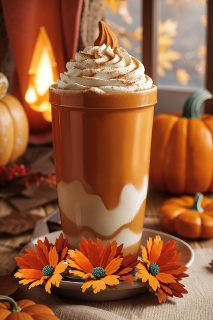 Foto latte de calabaza picante con crema batida bebida de café de otoño con canela ia generativa