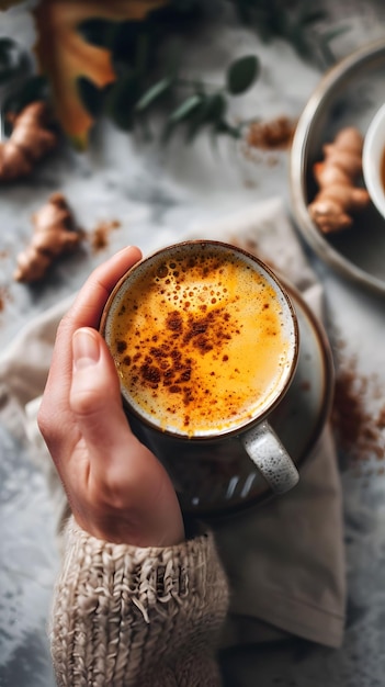 Latte de cúrcuma con leche dorada calentador y antiinflamatorio