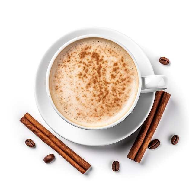 Latte con especias de almendra en una taza blanca aislada sobre un fondo blanco