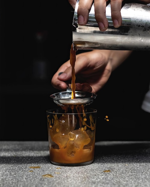 Latte in einer Glastasse, die herunterfiel und den Latte auf den Tisch verschüttete, das in der Luft gefrorene Wasser, grauer Hintergrund auf poliertem Betontisch, Kaffee in Bewegung