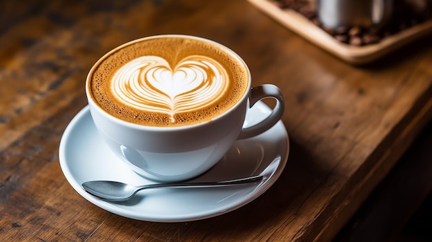 Latte-Kaffee in einem weißen Becher auf einem Holztisch mit Kaffeebohnen