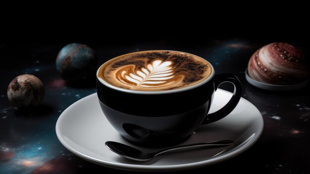 Foto latte kaffee mit universum träume planeten hintergrund mit generative ki-technologie