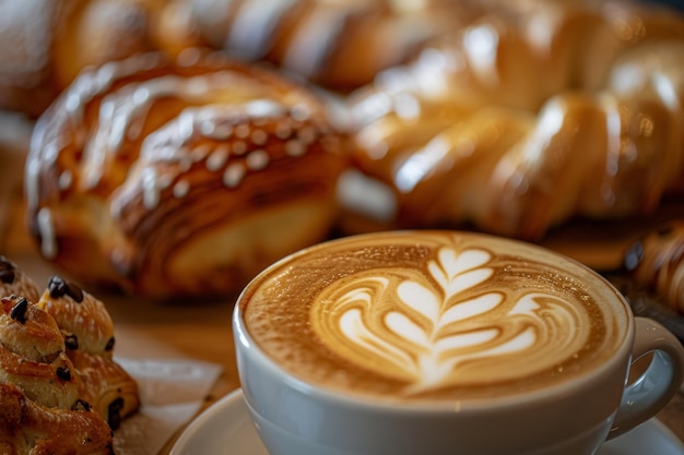 Latte-Kunst auf frisch gebrautem Kaffee umgeben von Gebäck zum Frühstücksgenuß