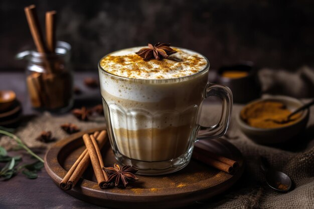 Latte de leche de cáñamo con IA generativa de miel y canela