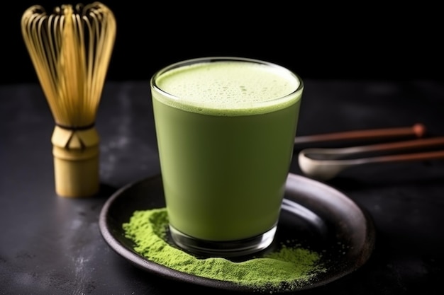 Latte matcha caliente con cuchara de bambú sobre pizarra negra