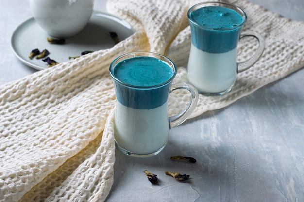 Latte Matcha Dalgona Blaue Erbse. Heiße frische Milch mit blauen Schmetterlingserbsenblüten oder Klitoria ternatea latte in einer Glasschale