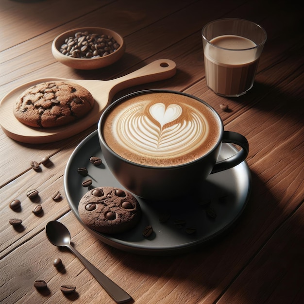 un latte en la mesa de madera con una galleta a su lado