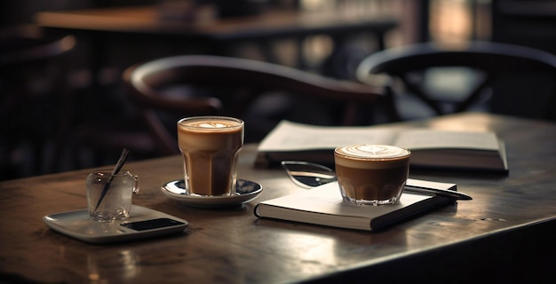 Latte smartphone e notebook na mesa em um café urbano