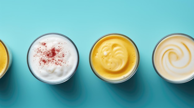Latte vegano em copos vista de cima em fundo azul Superfood Latte de cúrcuma