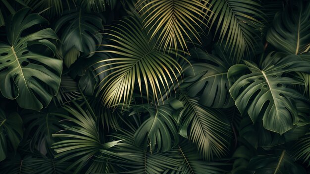 Foto laubige tropische blätter im hintergrund mit monstera und palmblättern