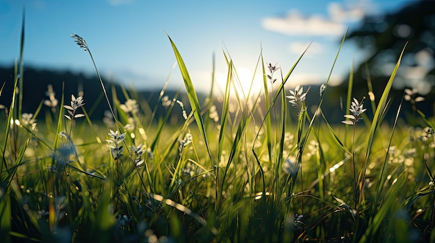 Laubiges Gras, weißer Blumen-Hintergrund mit im Wind schwankenden Blättern, die die Essenz einer ruhigen Wiese einfangen, Sonnenlicht, das durch das Laub spritzt und eine natürliche und erfrischende Atmosphäre bietet