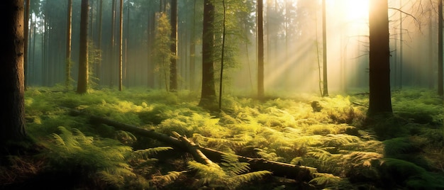 Laubwald Sonne scheint magisch durch Buchen wunderschönen magischen Wald im sonnigen Nebel