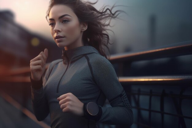 Laufen mit einer Tech-Frau, die beim Joggen eine Smartwatch nutzt