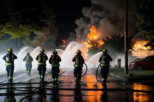 Laufende Feuerwehrleute in spezieller Ausrüstung mit Schlauch mit Wasser gegen den brennenden Brand Feuerwehr