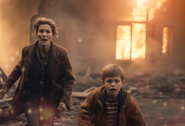 Laufende Mutter und Sohn mit brennendem Haus wegen Explosionskatastrophe und Apokalypse