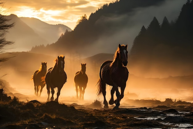 Laufende Pferde im nebligen Morgen der Berge Hohe Auflösung