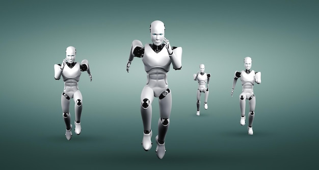 Laufender humanoider Roboter, der schnelle Bewegung und Lebensenergie zeigt
