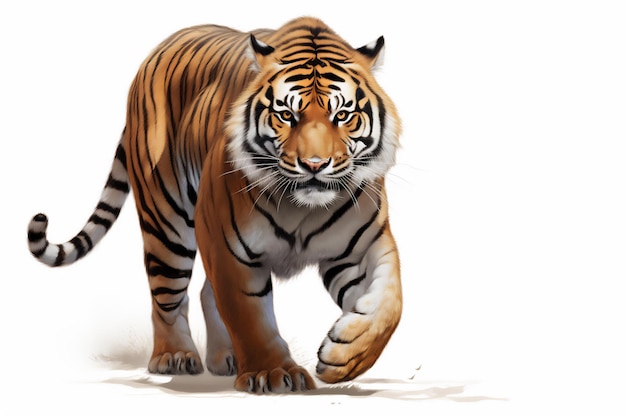 Laufender oder springender Tiger mit realistischer Illustration isoliert auf weißem Hintergrund, hyperrealistisch