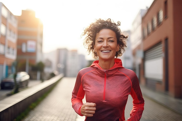 Lauftraining Kaukasische Frau mittleren Alters joggt durch die leeren Straßen der Stadt. Seien Sie beim morgendlichen Lauf allein mit sich selbst und tanken Sie neue Energie für den ganzen Tag