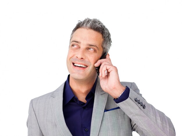 Laughing Businessman no telefone olhando para cima