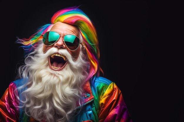 Laughing Santa Claus en traje de arco iris Cabello de color Gafas de sol divertidas Colores pastel fondo oscuro