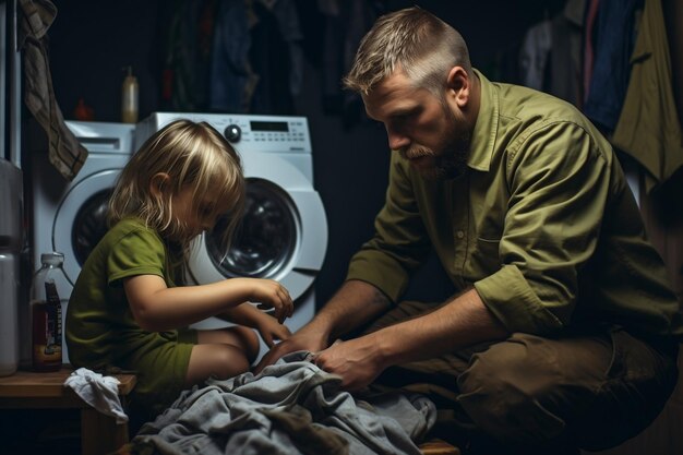 Laundry Bond Pai e filho lavando roupa juntos Generative Ai