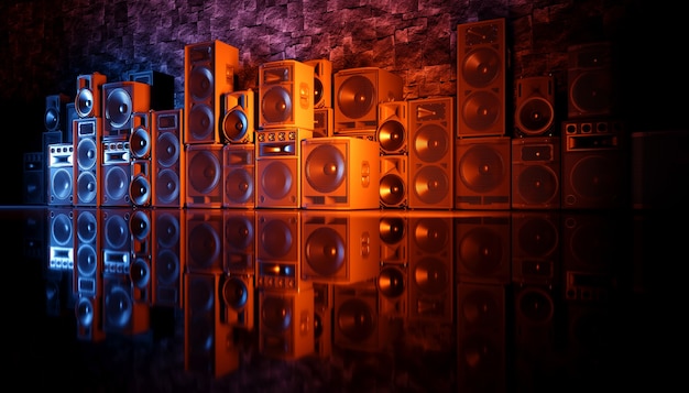 Lautsprechersystem auf einem schwarzen Hintergrund in der blauen und orange Beleuchtung, 3d Illustration