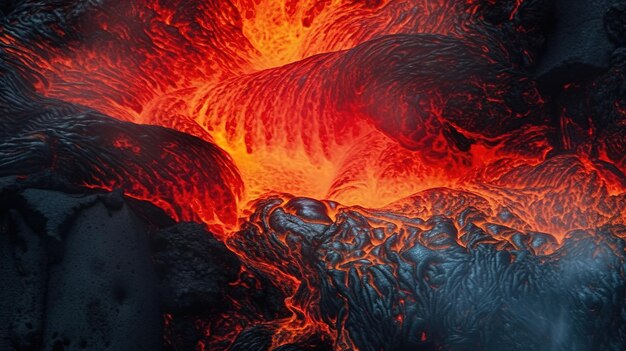 Foto lava caliente de una erupción volcánica