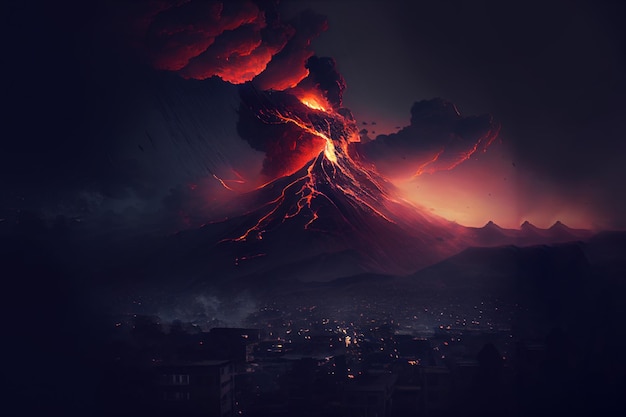 Lava de erupção vulcânica descendo uma montanha Generative Ai