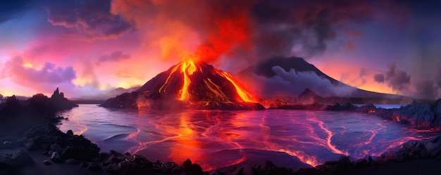 Lava de surto de vulcão ativo em montanhas de formato grande neblina ao redor do panorama de lava