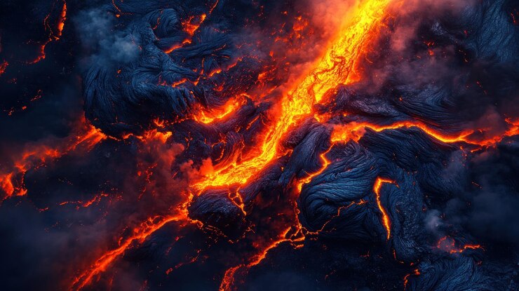 La lava derretida fluye de un volcán con formaciones de lava solidificadas oscuras