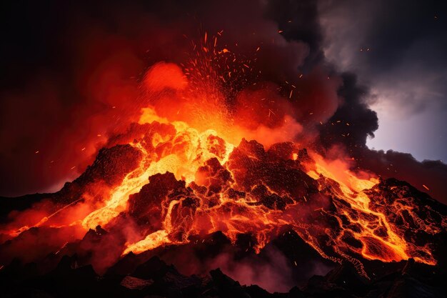 Foto lava, die aus einem vulkan fließt, die geschmolzenen orange und roten farbtöne, die die dunkle umgebung beleuchten, die die intense hitze und die zerstörerische kraft der natur zeigen