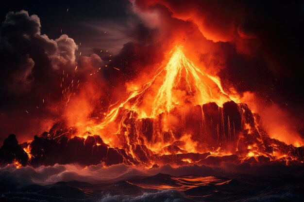 Lava, die aus einem Vulkan fließt, die geschmolzenen orange und roten Farbtöne, die die dunkle Umgebung beleuchten, die die intense Hitze und die zerstörerische Kraft der Natur zeigen
