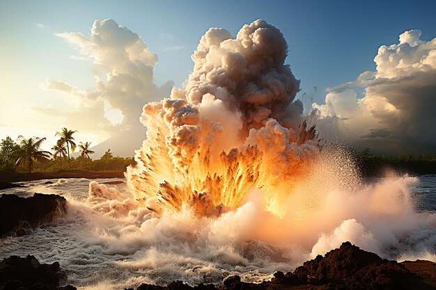 Foto lava encontra o oceano exibição onde a lava derretida encontra o ai gerado