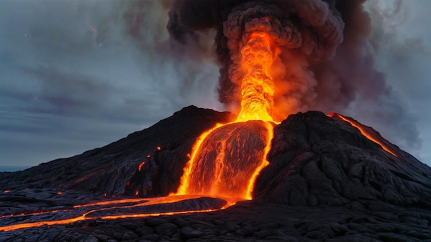 Lava fließt in den Vulkan mit dem Vulkan im Hintergrund