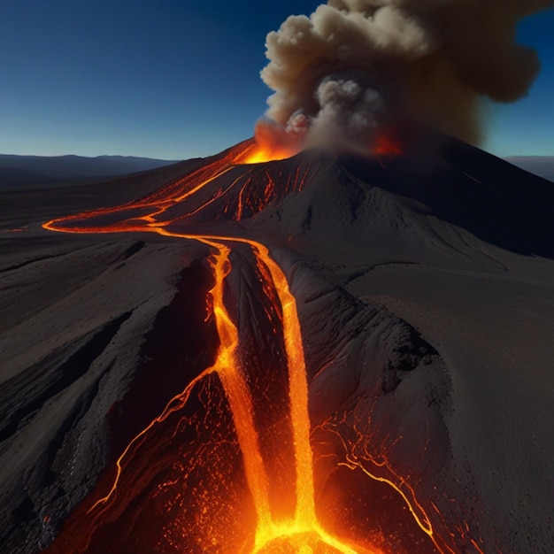 Foto lava fließt in die luft mit einem vulkan im hintergrund