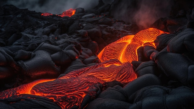Lava fließt in einem Lavafeld ins Meer.
