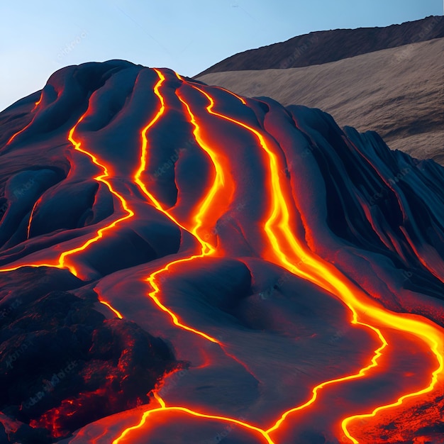 La lava fluye por una montaña que tiene la palabra volcán.